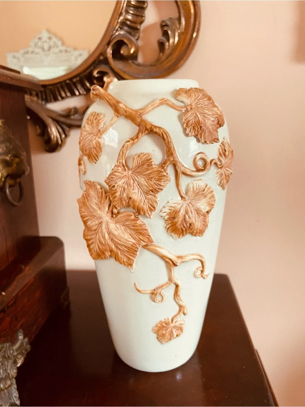 Vintage Fitz and Floyd White Ceramic Vase with Winding Gold Leaf Relief  10 1/2”